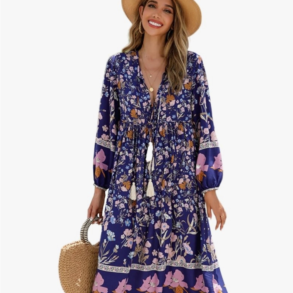 Blue Floral Long Sleeve V-Neck Sundress